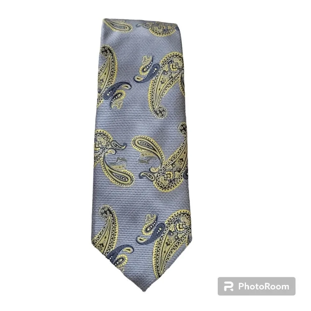 Dmitry Imani Silk Necktie Italy Paisley Silver Yellow 60 Inch
